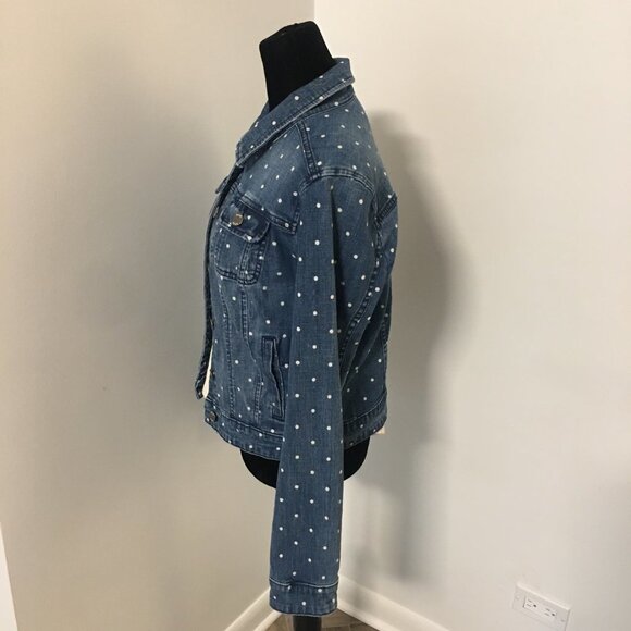 ELLE Blue Jean Denim White Polka Dot Jacket Front Pockets Women's Size Medium - Picture 4 of 8